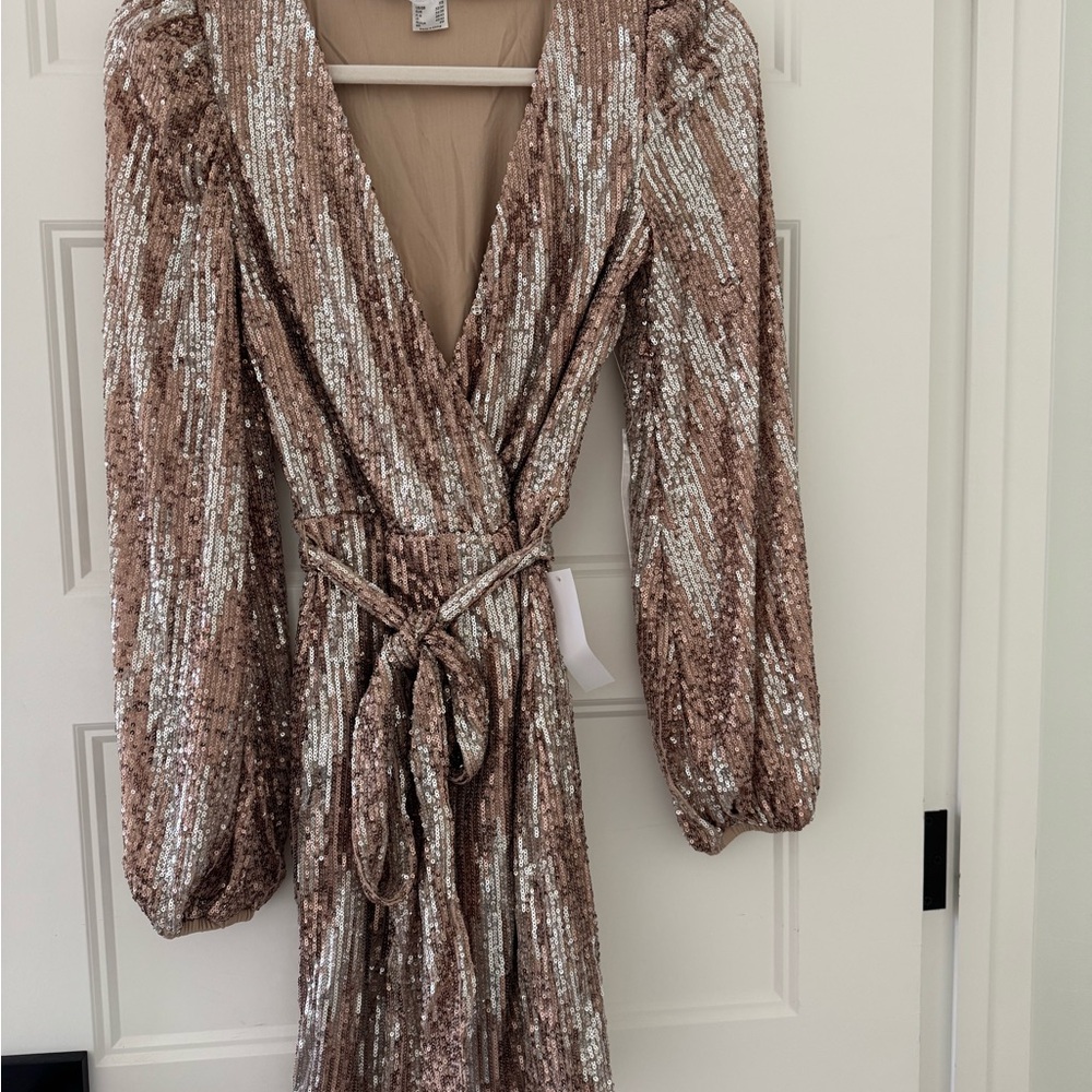 Elegant Sequin Wrap Dress in Rose Gold